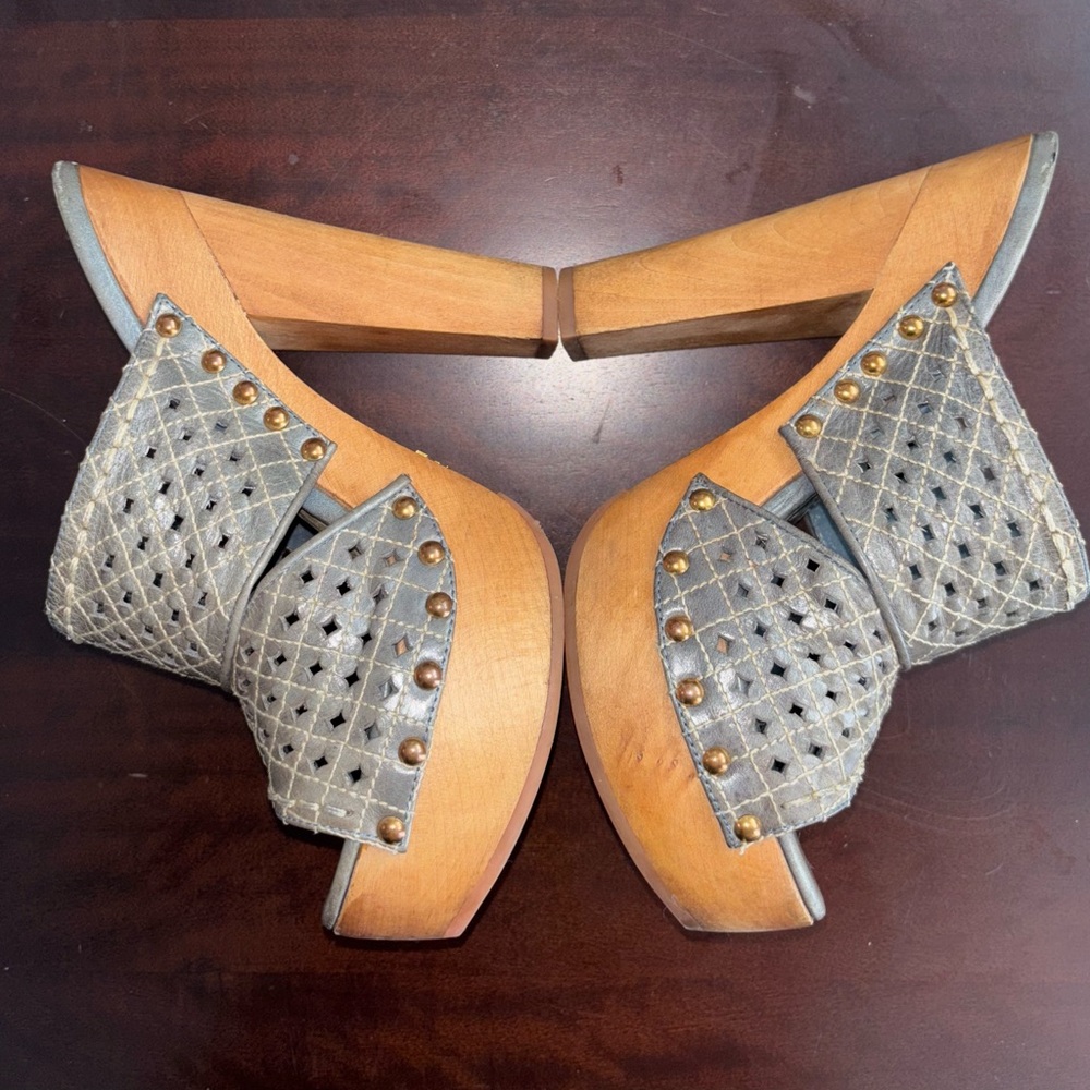 Vintage Prada 100% Wooden Platform Heels with Gray/Blue Accents ORIGINAL